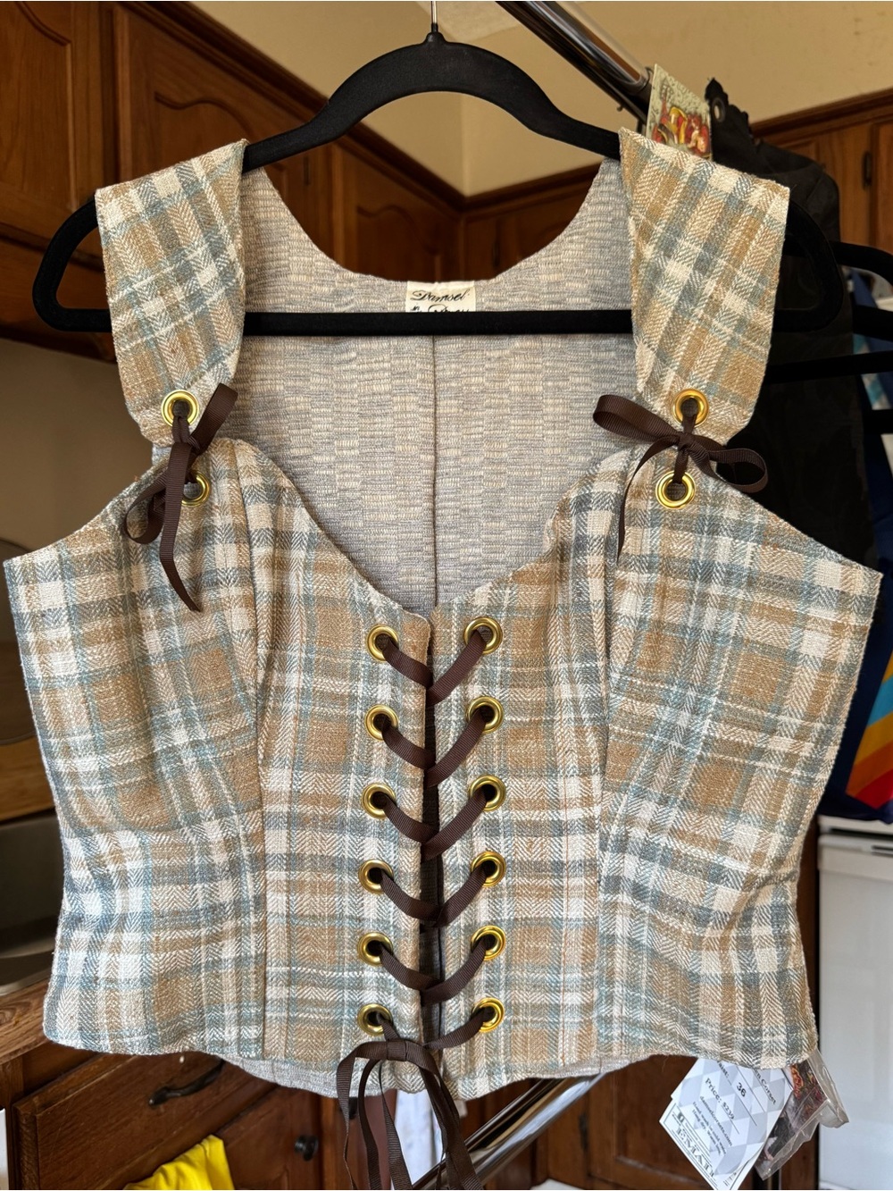 Plaid Lace-Up Corset Top in Beige and Blue by